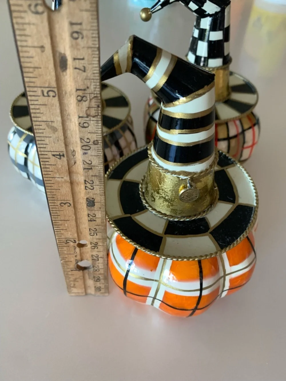 MacKenzie Childs mini pumpkin trio with witch hats
